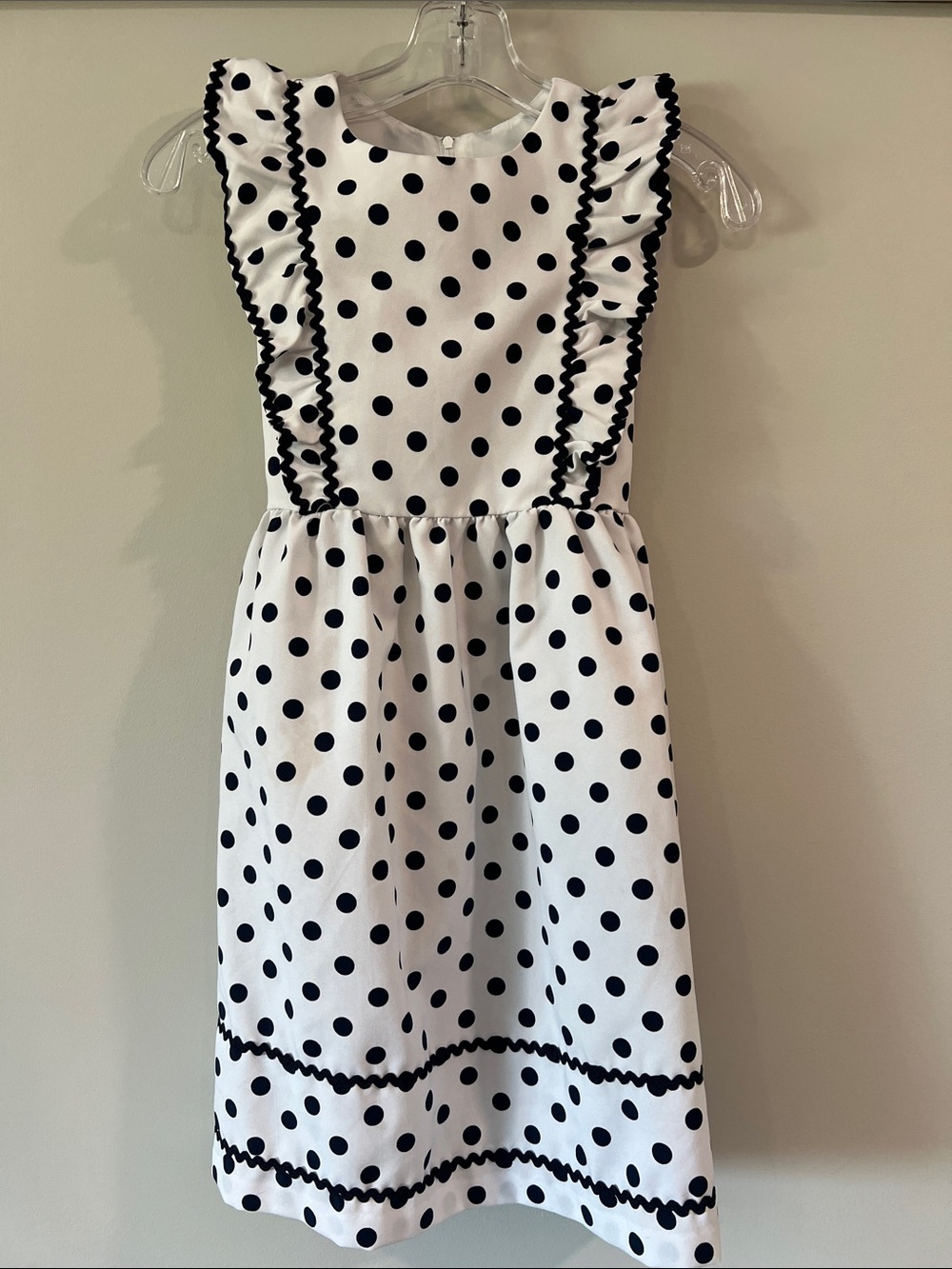 Bonnie Jean -7, White and Navy Polka Dot Ruffle Dress